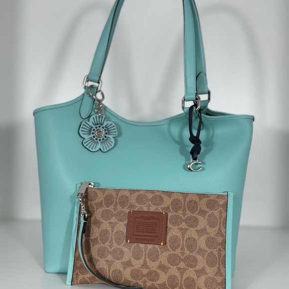 COACH Day Tote Bag in Aqua Blue & Matching Flower Charm - Picture 5 of 14